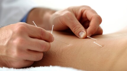 Close up of specialist s hands applying acupuncture needles in a medical therapy session