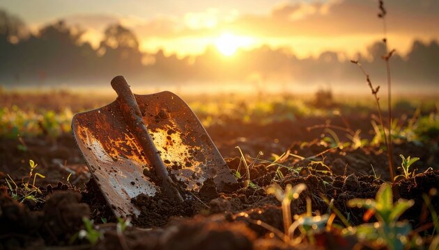A rusty, abandoned plowshare embedded in overgrown, untended soil, illuminated by hazy dawn lighting, part of the FlyPro_Firefly series.