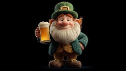 Leprechaun with green hat and white beard holds a frothy beer mug, showcasing a whimsical character in a festive atmosphere, perfect for holiday celebrations and themed events