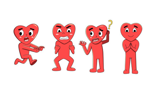 Set of 4 Red Love Characters with Different Facial Expressions Cute Valentine Illustration