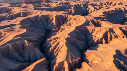 Aerial view of an arid landscape sculpted by erosion, where sunlight paints the ridges in warm hues, contrasting with the shadows in the deep ravines, Centuripe, Sicilia, Italy.