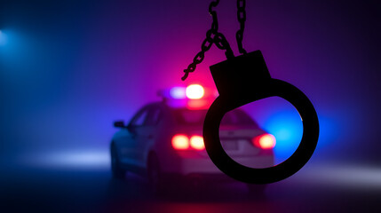 Police raid at night and you are under arrest concept. Silhouette of handcuffs with police car on backside. Image with the flashing red and blue police lights at foggy background.
