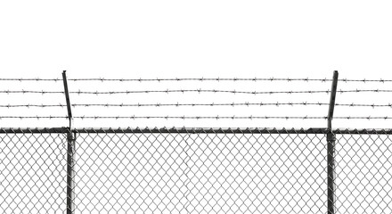 Chain Link Fence with Barbed Wire on Transparent Background