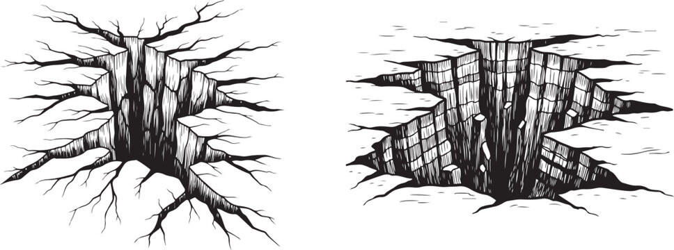 Ground Crack Sinkhole and Earthquake Damage Black and White Engraving. Ground cracks vector icon set.