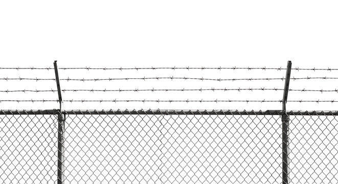 Chain Link Fence with Barbed Wire on Transparent Background