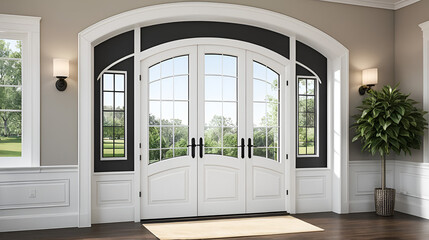 Arched Top Double French Doors with Paneling and Transom
