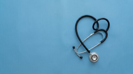 Heart-shaped stethoscope on a blue background, symbolizing love and care in healthcare