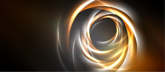 Naklejka premium Abstract swirls, golden hues, dark background. Dynamic energy radiates from central point, creating visual impact.