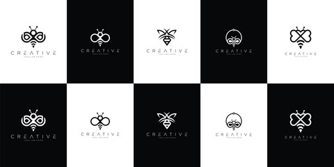 Bee insect illustration logo set collection with clean minimal style vector logo, representing nature, pollination, and eco wildlife concept. © Angkringan
