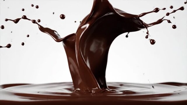 Dark chocolate splashing in liquid form, creating a dynamic splash pattern on a white surface