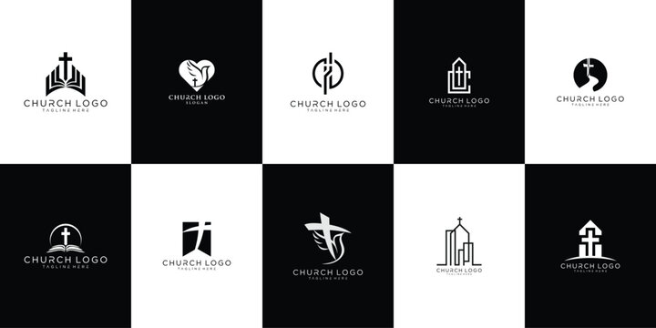 church logo design collection. Bible Church logo design vector. Cross and Holy Bible logo collection