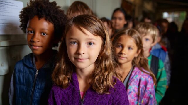 A joyful lineup of children displaying bright smiles and friendship, capturing the essence of youth and connection in a vibrant classroom setting.