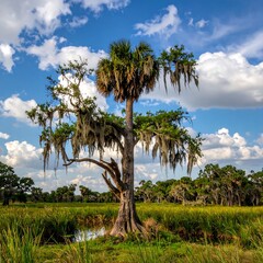 Majestic tree with hanging moss in a marshy landscape under a blue sky