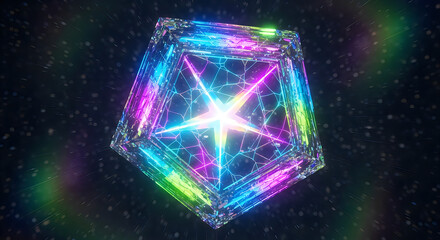 Glowing Geometric Crystal Pentagon with Rainbow Light Refractions in Starry Space Background, Futuristic Abstract Concept