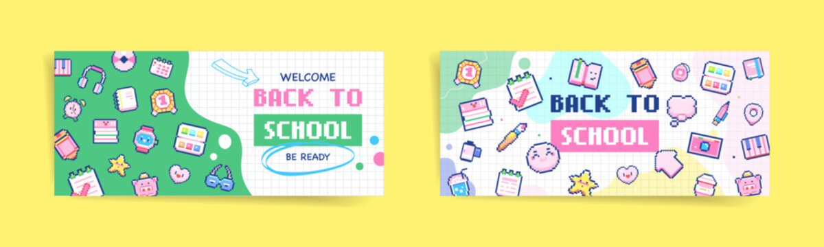Pixel art back to school banner set, retro 8 bit kawaii stationery icons on grid background, colorful education web header and cover templates, digital illustration
