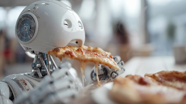 A robot is eating a slice of pizza. The robot is white and has a face. The pizza is on a plate and is cut into slices