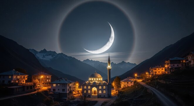 A crescent moon illuminates a mountainside village featuring a prominent mosque at night high quality professional