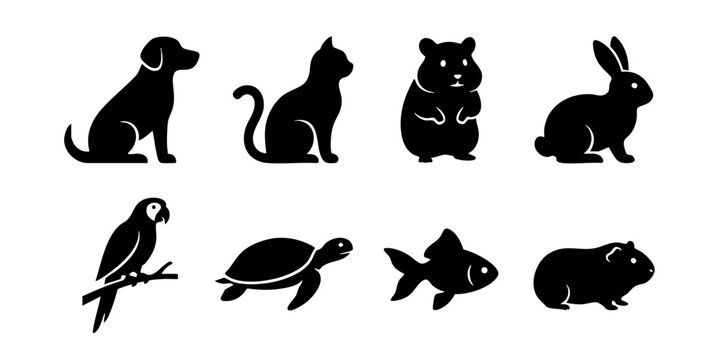 Collection of various animal silhouettes including dog, cat, bear, rabbit, parrot, turtle, fish, and mouse on a clean background.