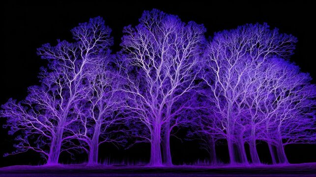 Fractal Trees Illuminated with Vibrant Purple and White Light Against a Black Background purple trees