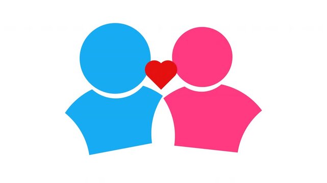 kiss icon animation. Couple silhouette icons in blue and pink with a red heart symbol.