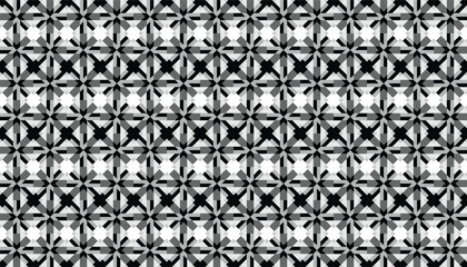 Fototapeta premium Seamless geometric pattern featuring a complex interconnected star and cross lattice in grayscale. Abstract vector background with a high-density, radial structural grid