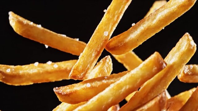 Close-up of crispy golden french fries falling against a dark background from a high angle viewpoint