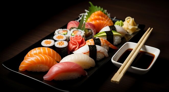 A vibrant platter of assorted sushi with chopsticks and soy sauce