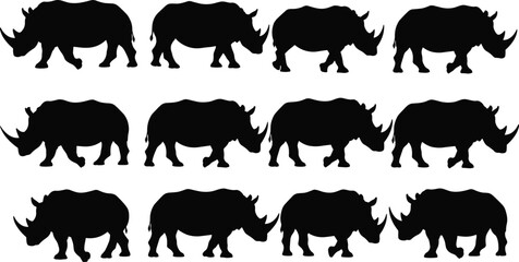 Rhinoceros silhouette collection, black rhino side view set, wild African safari animal vector illustration isolated on white background, wildlife conservation concept © Itz Babu