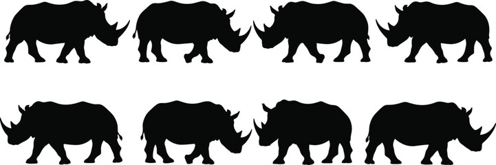 Rhinoceros silhouette set, black rhino side profile collection, African safari wildlife animal vector illustration isolated on white background, endangered species concept © Itz Babu