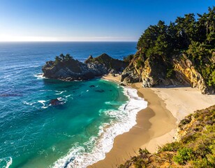 Aerial view of a secluded beach with turquoise water, golden sand, cliffs, and a rocky islet under a bright blue sky