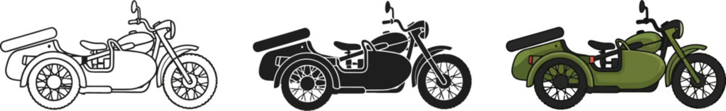 Collection of vintage motorcycle with sidecar icons including line art silhouette and full color isolated on white background