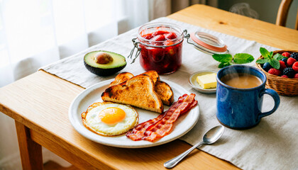 Beautiful breakfast setup with fried egg, crispy bacon, toast, fresh fruit, and steaming coffee on a wooden table