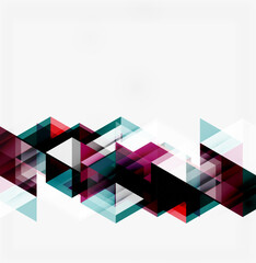 Fototapeta premium Abstract geometric design. Triangles overlap, creating dynamic visual texture. Colors include red, teal, purple, black, white.