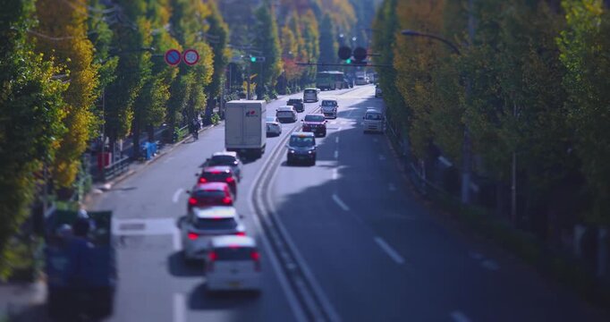 A cityscape of miniature traffic jam at the yellow gingko street in Tokyo