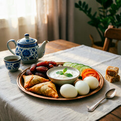 Experience the warmth of a traditional Middle Eastern breakfast with this inviting spread featuring crispy samosas, sweet dates, refreshing yogurt, and a soothing cup of tea, all set on a rustic woode