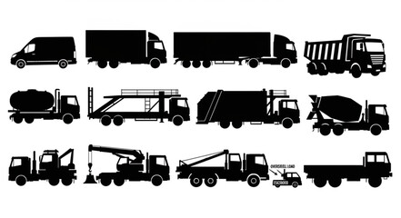 Collection of various truck silhouettes for logistics and construction. © Mungin