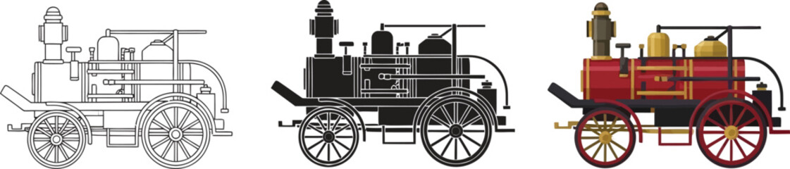 Fototapeta premium Collection of vintage steam engine illustrations including line art silhouette and full color vector designs for historical themes