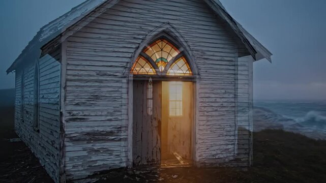 Weathered Seaside Church Illuminated at Dusk with Golden Light, Crashing Waves and Tranquil Atmosphere