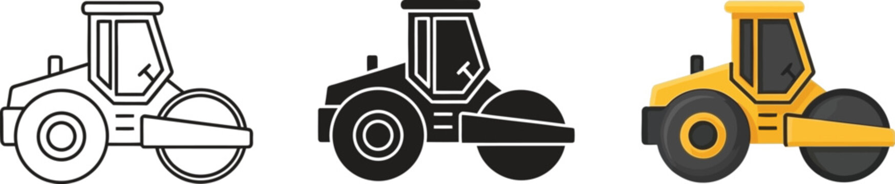 Set of road roller icons construction vehicle symbols in outline silhouette and color for engineering and building projects