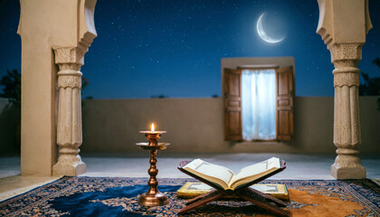 Experience the tranquility of a serene nighttime scene with a Quran and candle in a peaceful courtyard. This captivating image evokes feelings of calm and spirituality, perfect for projects requiring 
