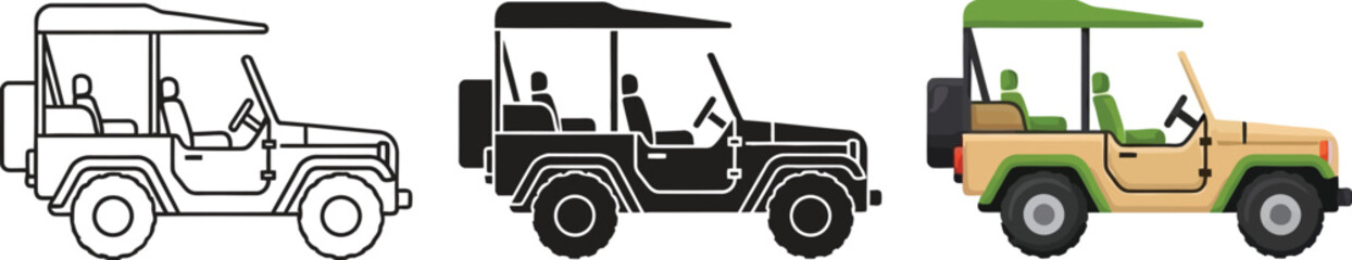 Collection of safari jeep icons in outline silhouette and color vector styles for travel and adventure themes © Ahmad