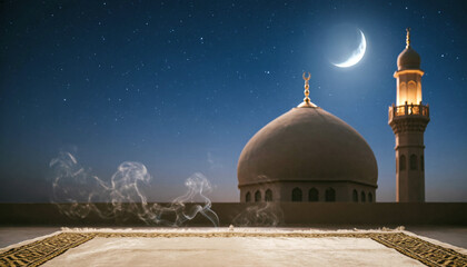 Serene mosque scene at night with prayer rug, crescent moon, and starry sky, evoking spirituality and peacefulness
