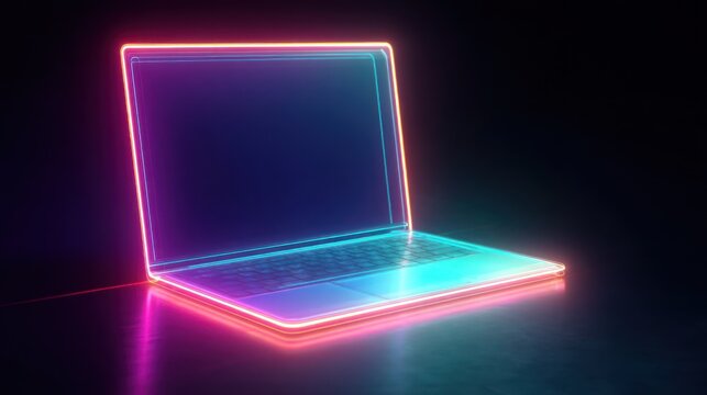 Neon laptop computer on a dark background