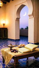 Cozy Islamic reading nook with Quran and dates at serene dusk. A peaceful atmosphere for spiritual contemplation and prayer.