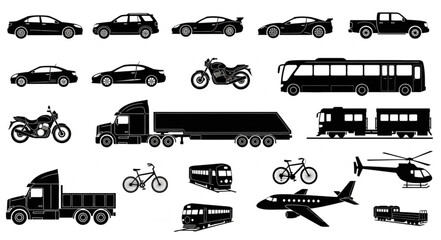 Collection of various transportation vehicles silhouettes isolated on white background. © Mungin