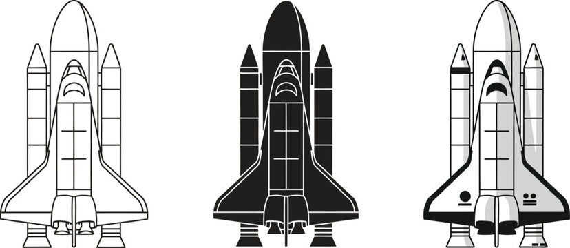 Collection of space shuttle icons representing different styles from outline to silhouette and detailed vector art perfect for aerospace themes