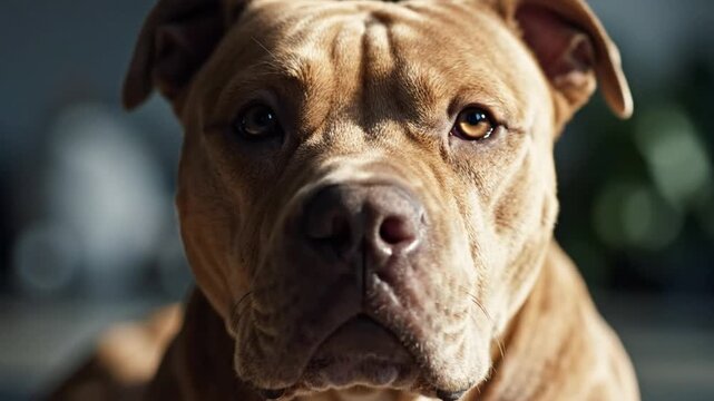 Focused close up of an alert pitbull dog looking directly at the camera with a serious gaze under warm sunlight