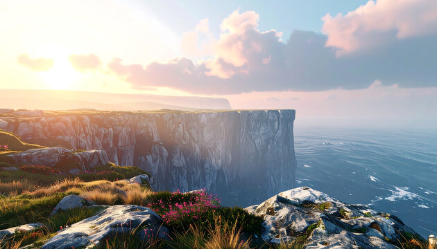 Rocky Ocean Cliffs in Golden Hour Fog