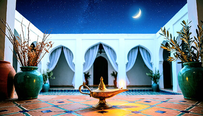 Experience the magic of a serene Moroccan courtyard at night, with a glowing genie lamp as the centerpiece. The starry sky and crescent moon create a dreamy ambiance, while the tiled floor and white b