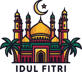 Fototapeta premium Colorful Mosque Illustration with Palm Trees and Golden Crescent Moon for Eid al-Fitr Celebration